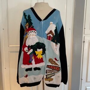 Vintage Quacker Factory 1X Christmas Sweater Santa Workshop  V-Neck Cardigan‎